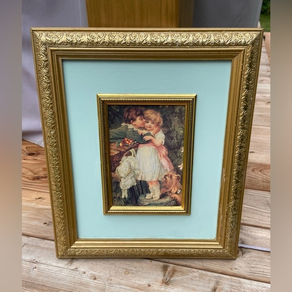 VINTAGE Gold wood framed ART print Fred Morgan “OVER THE GARDEN WALL” pears soap - Picture 1 of 11